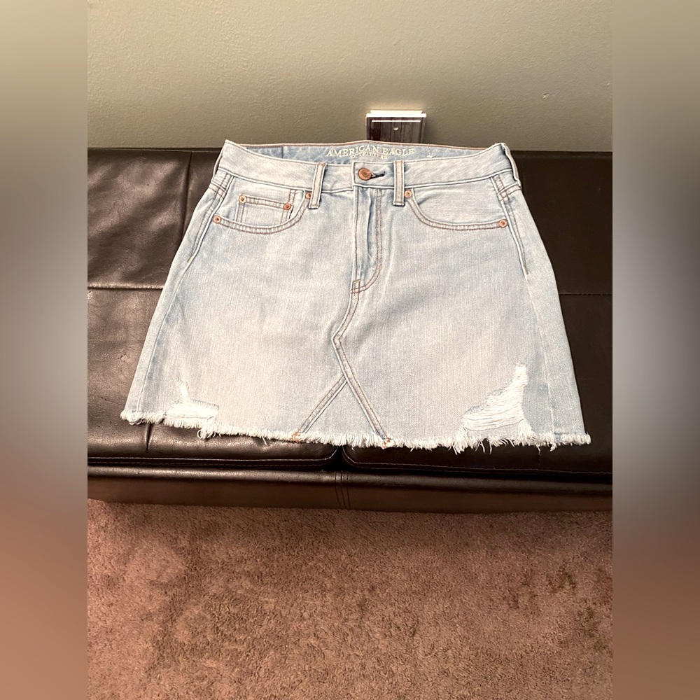 AEO Distressed Light Blue Denim Skirt